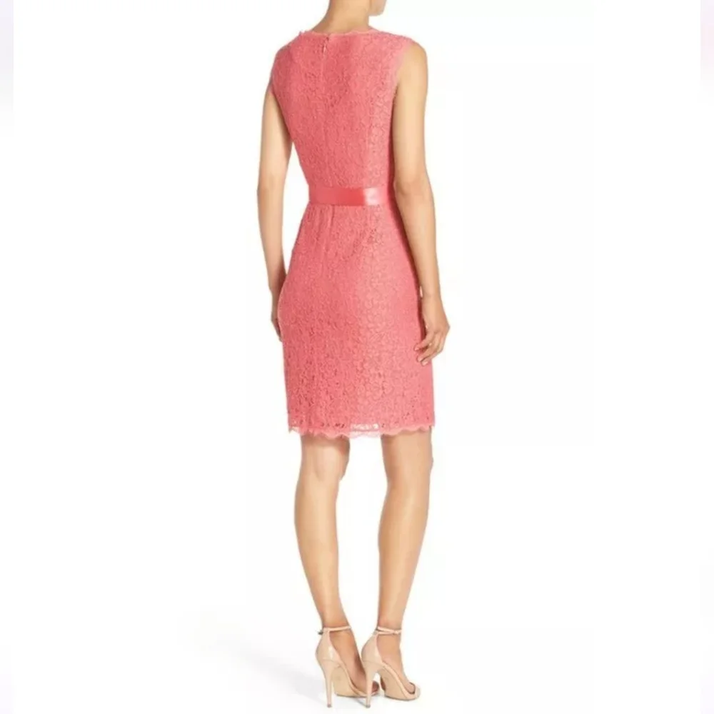 NWOT ADRIANNA PAPELL LACE FAUX WRAP CORAL SHEATH DRESS Size 4 - Picture 4 of 11
